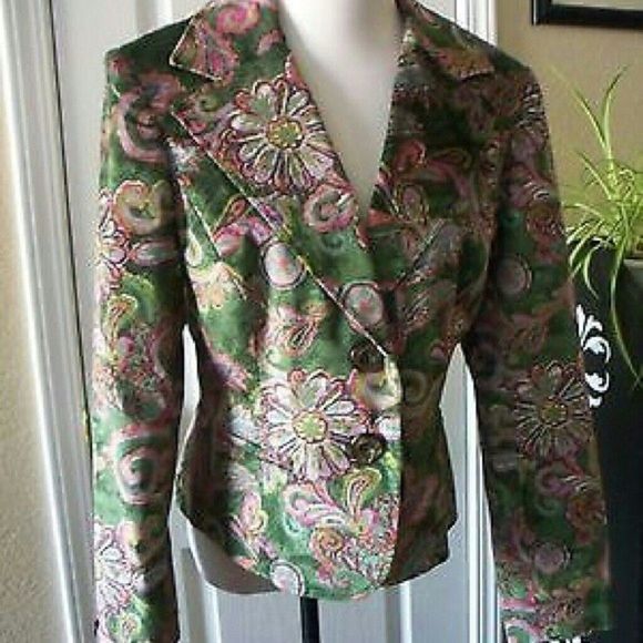 PRINT CORDUROY BLAZER GREEN PURPLE FLORAL PAISLEY TAILORED FIT SIZE 10 WOMENS 10 - Picture 2 of 5